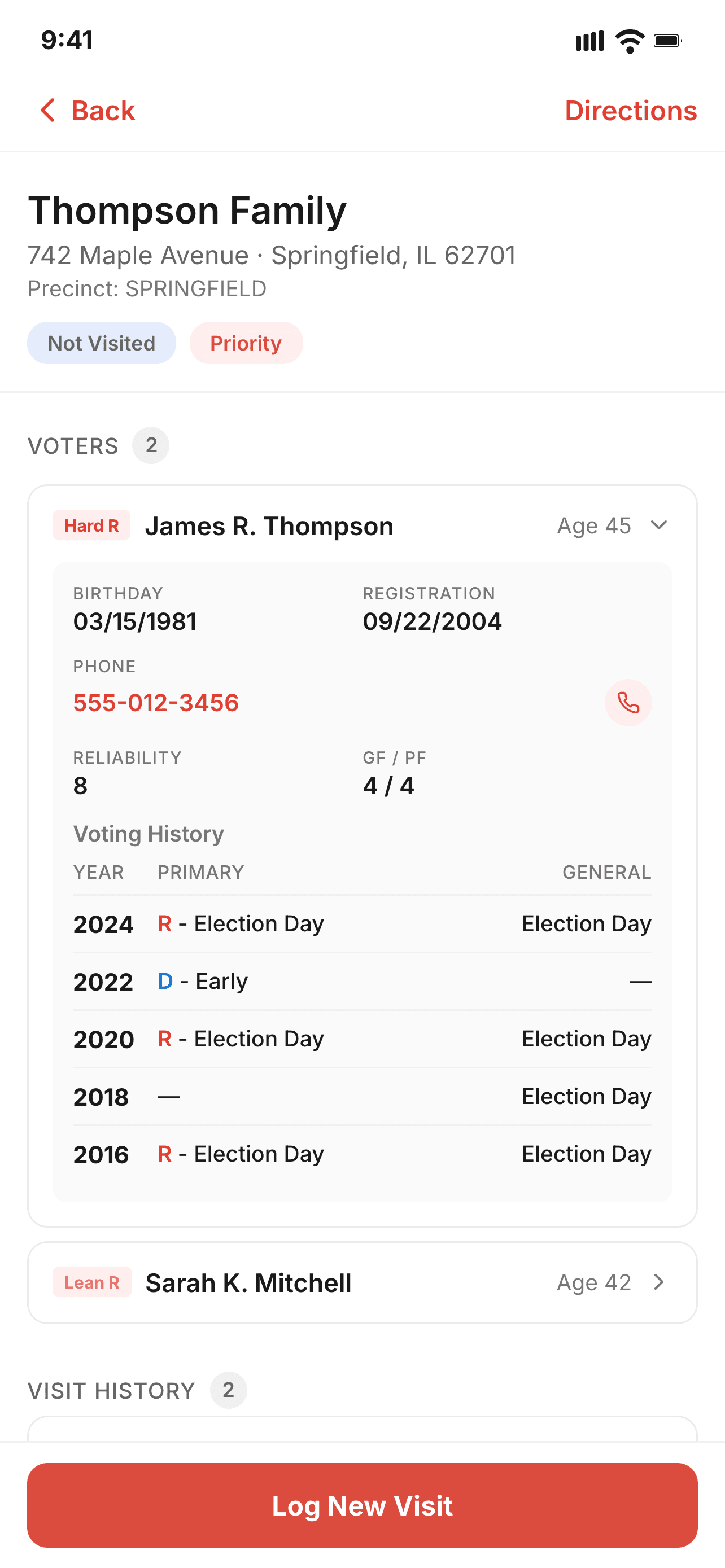 Household detail card with voter information